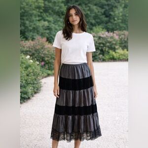 Tribal sz M black velvet and lace tiered whimsigoth maxi skirt